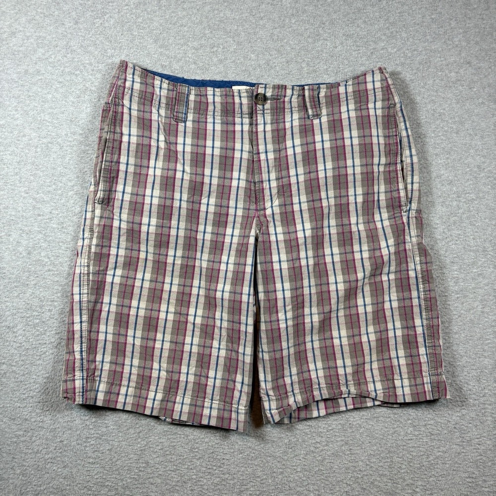 Mossimo Plaid Shorts Mens 34 Gray Pink Y2K Flat Front Chino Skate Shorts Baggy